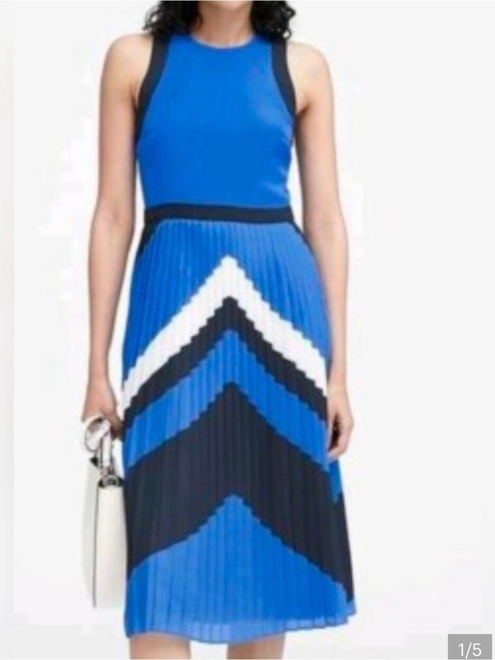 Banana Republic Sleeveless Blue Chevron Pleated Midi Dress